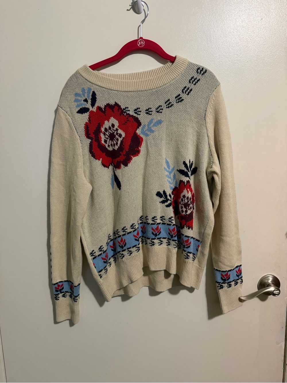 Style & Co. Cream Crewneck Sweater with Red Floral Motif